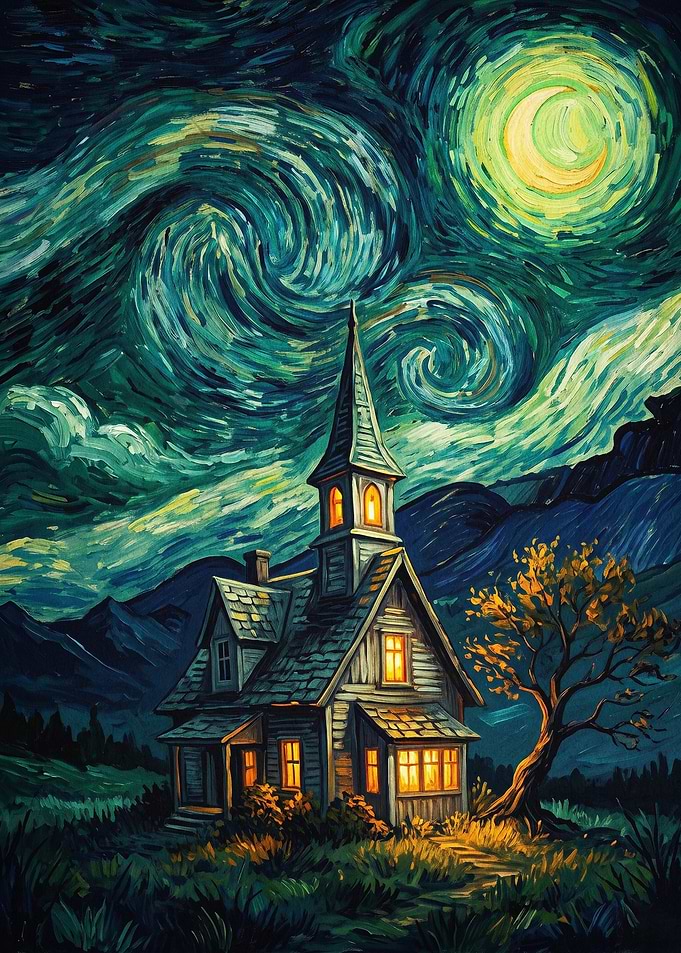 Starry Night Church Art Poster
