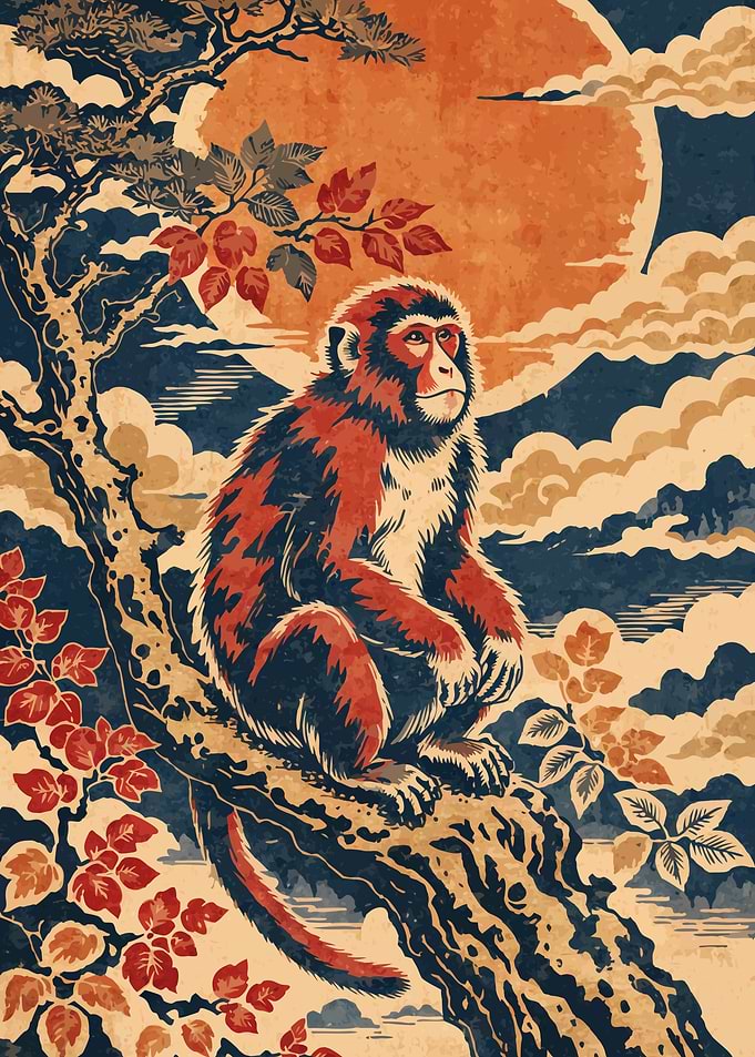 Crimson Monkey Over Fuji