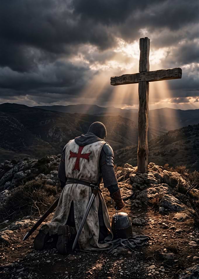 Knight Praying Before a Wooden Cross