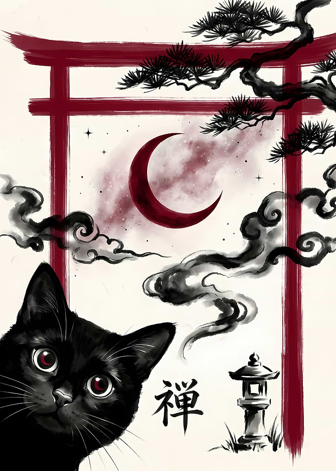 Black Cat with Torii Gate Art