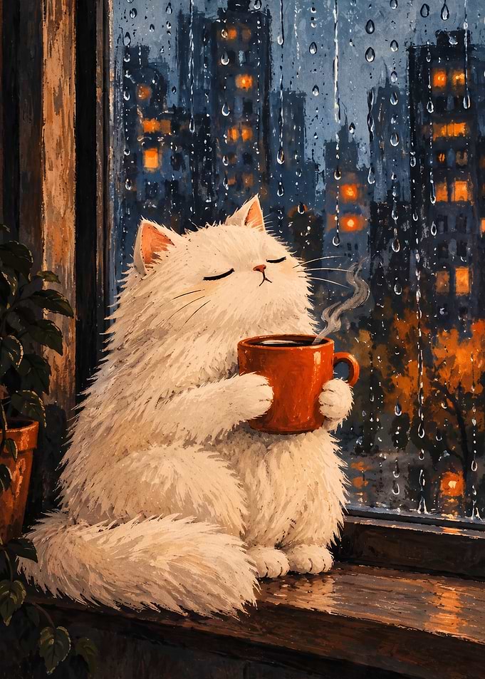 Fluffy White Cat Drinking Coffee