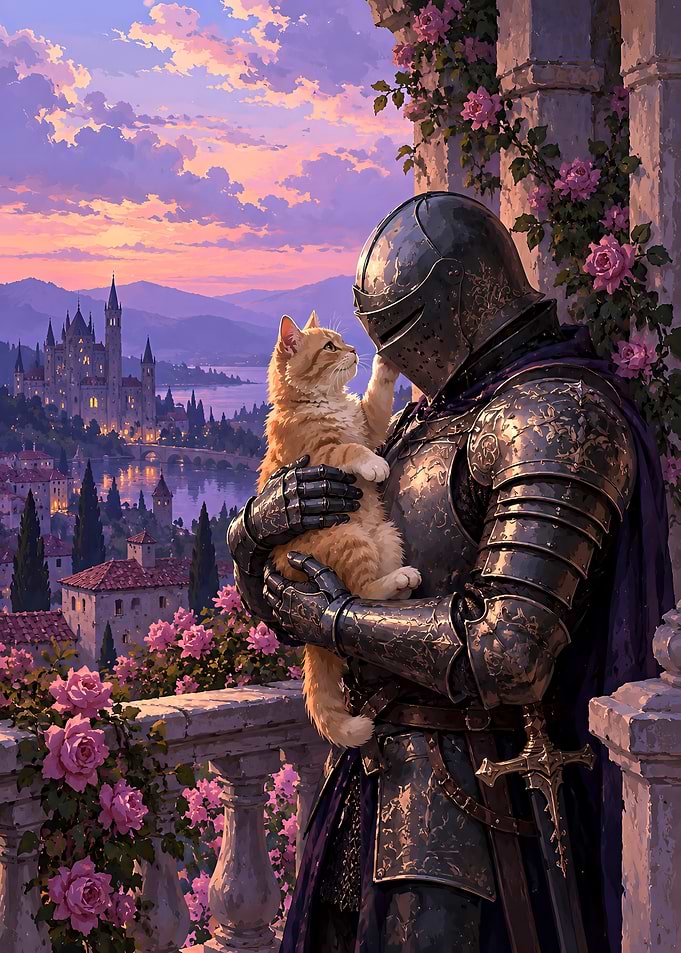 Knight Holding a Ginger Cat