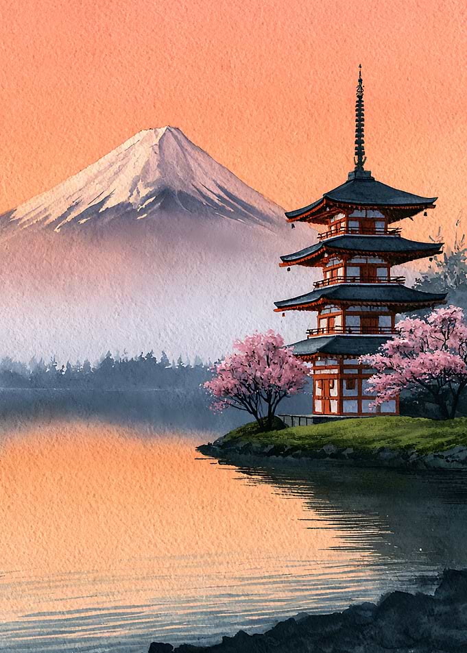 Mount Fuji and Pagoda at Sunset