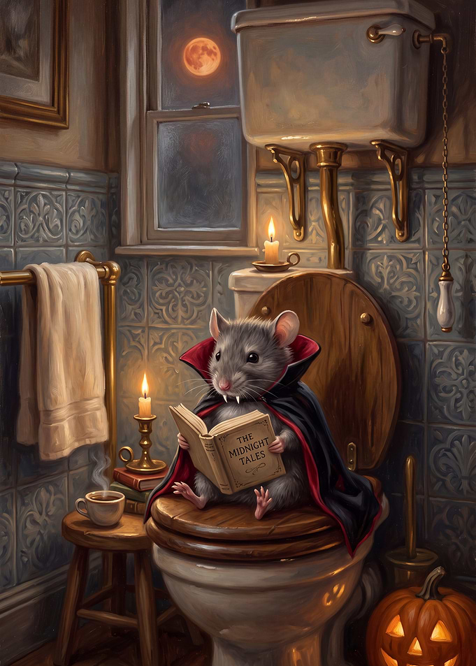 Vampire Mouse Reading a Book on the Toilet – Halloween Bathroom Wall Art