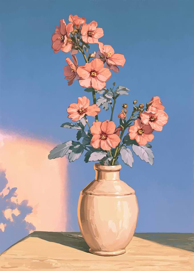 Peach Flowers in Ceramic Vase