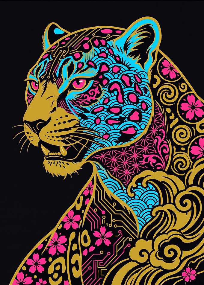Neon Seigaiha Panther Portrait