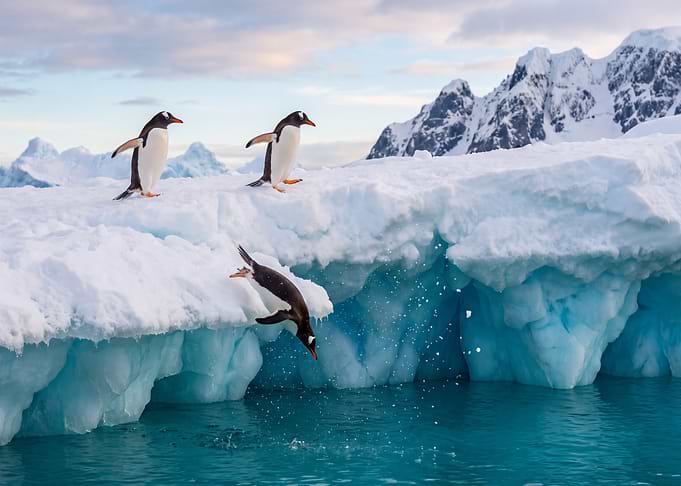 Penguins Diving into Antarctic Waters