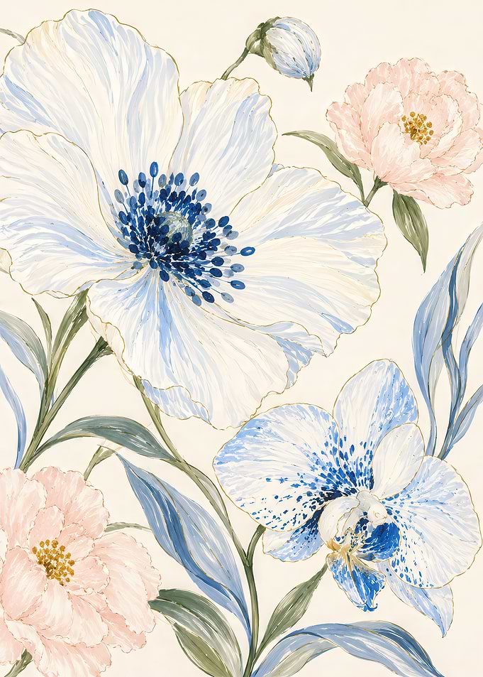 Elegant Blue and Peach Floral Illustration