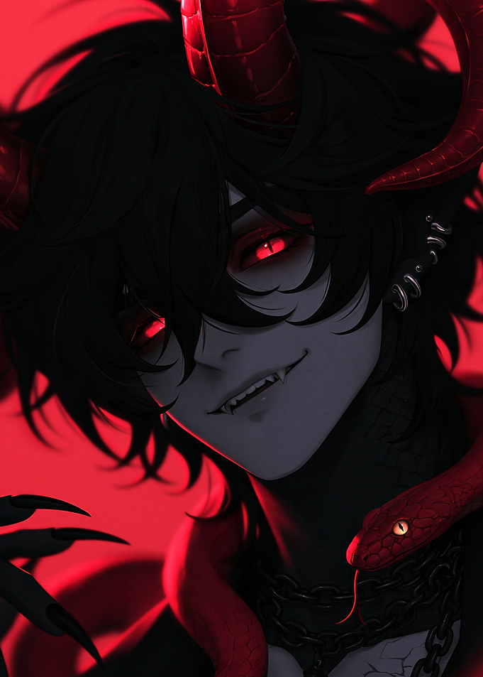 Red Demon Anime Boy with Snake