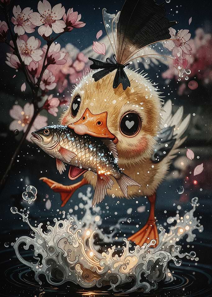 Duck Catching Fish Fantasy Art