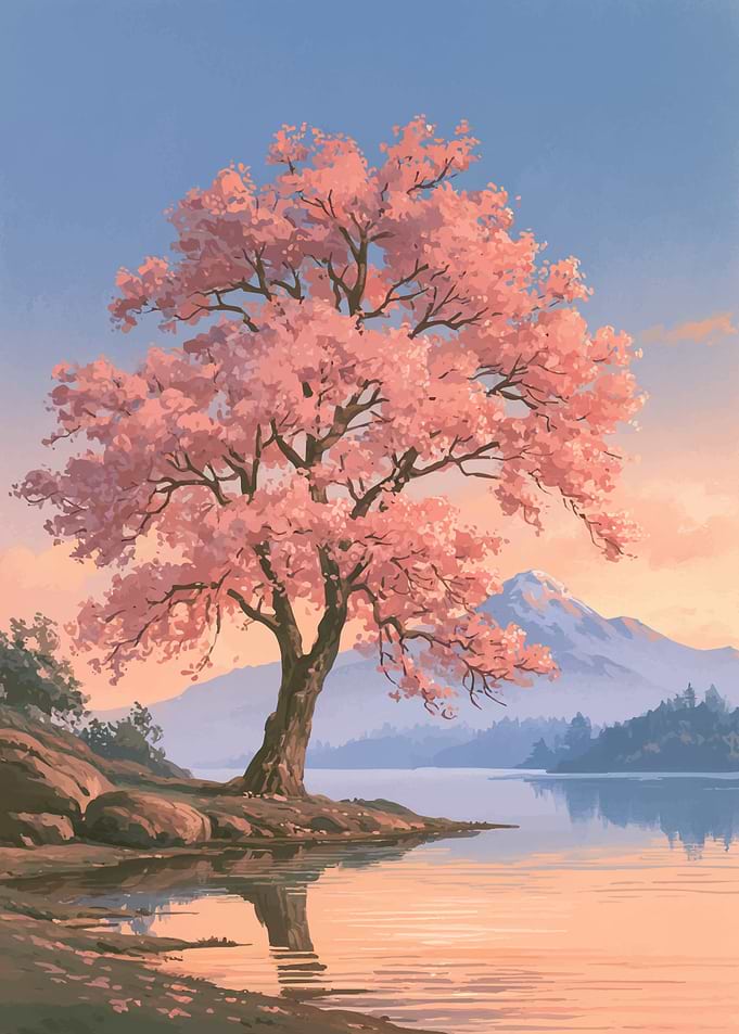 Cherry Blossom Tree by the Lake