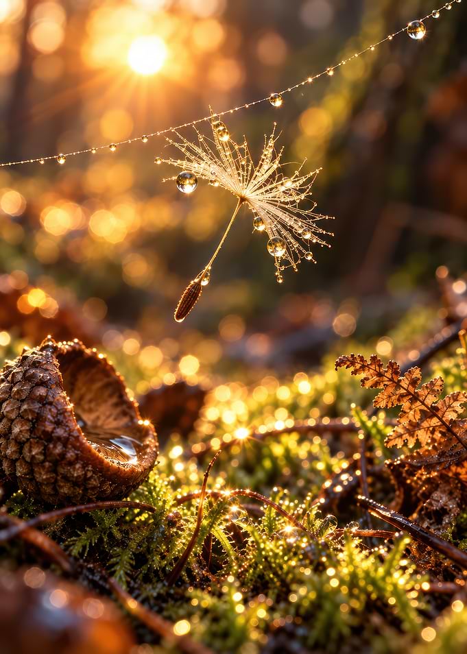 Dandelion Seed and Acorn at Sunrise