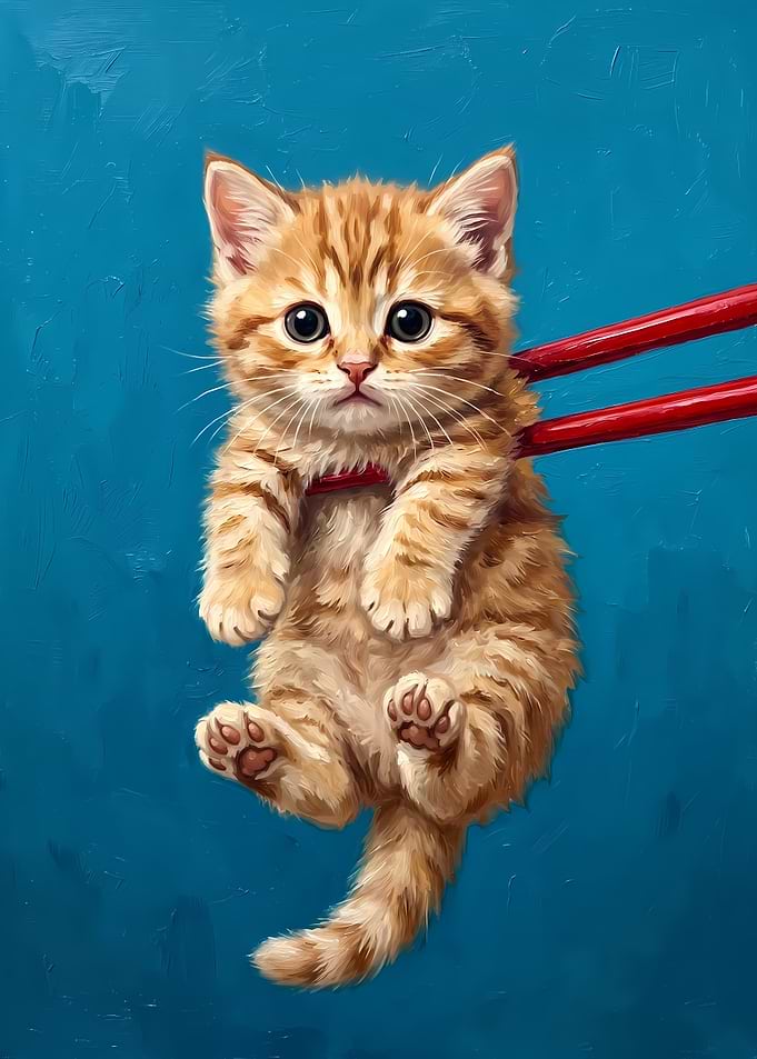 Cute Ginger Kitten Held by Chopsticks