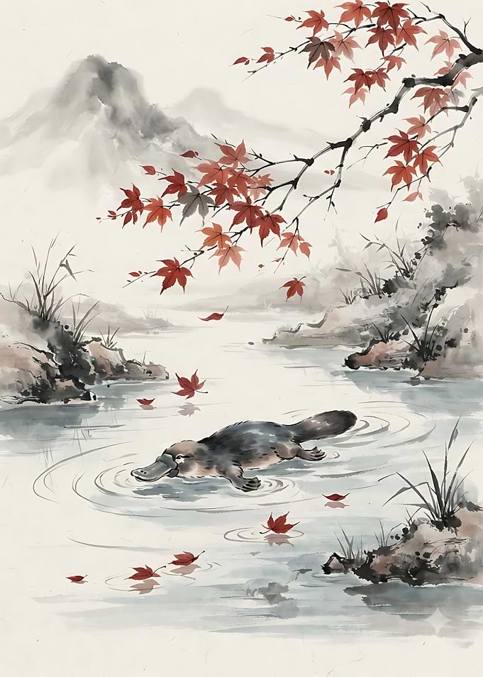 Platypus Swimming in Autumn Stream