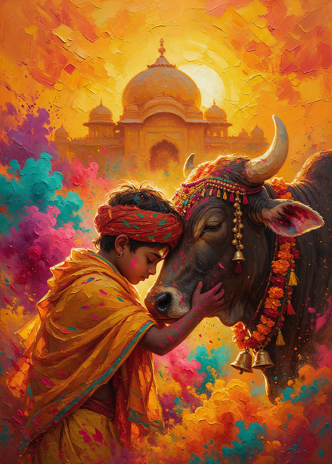 Boy and Sacred Cow Holi Celebration