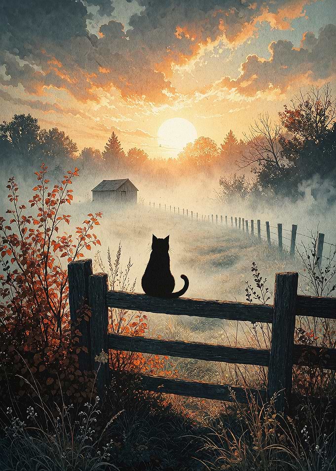 Black Cat Farm Sunrise Art Poster