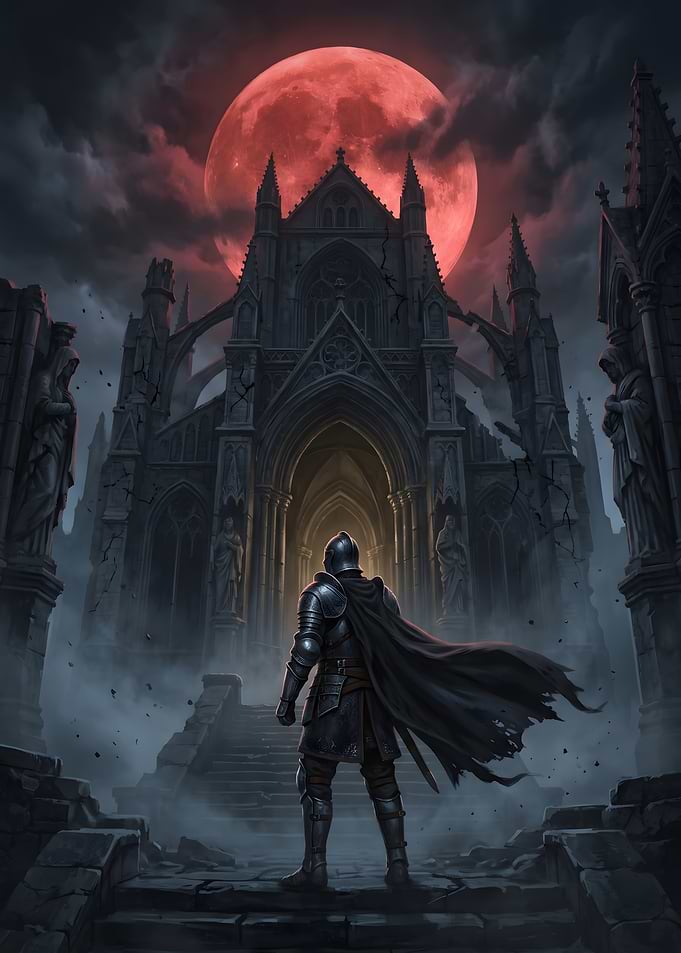 Knight Facing a Dark Gothic Cathedral