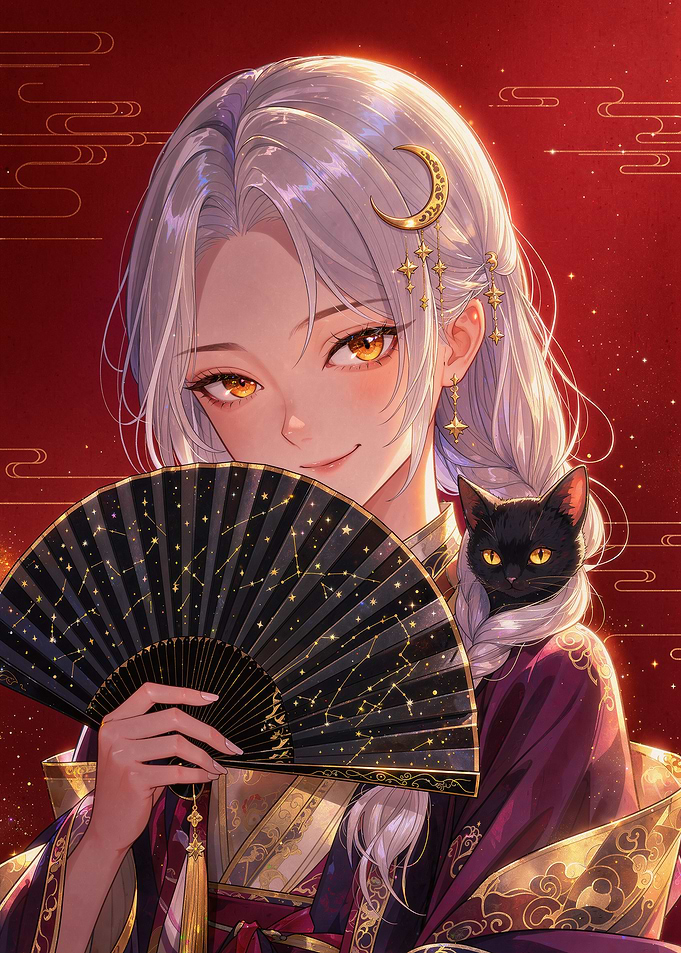 Elegant Anime Girl with Black Cat