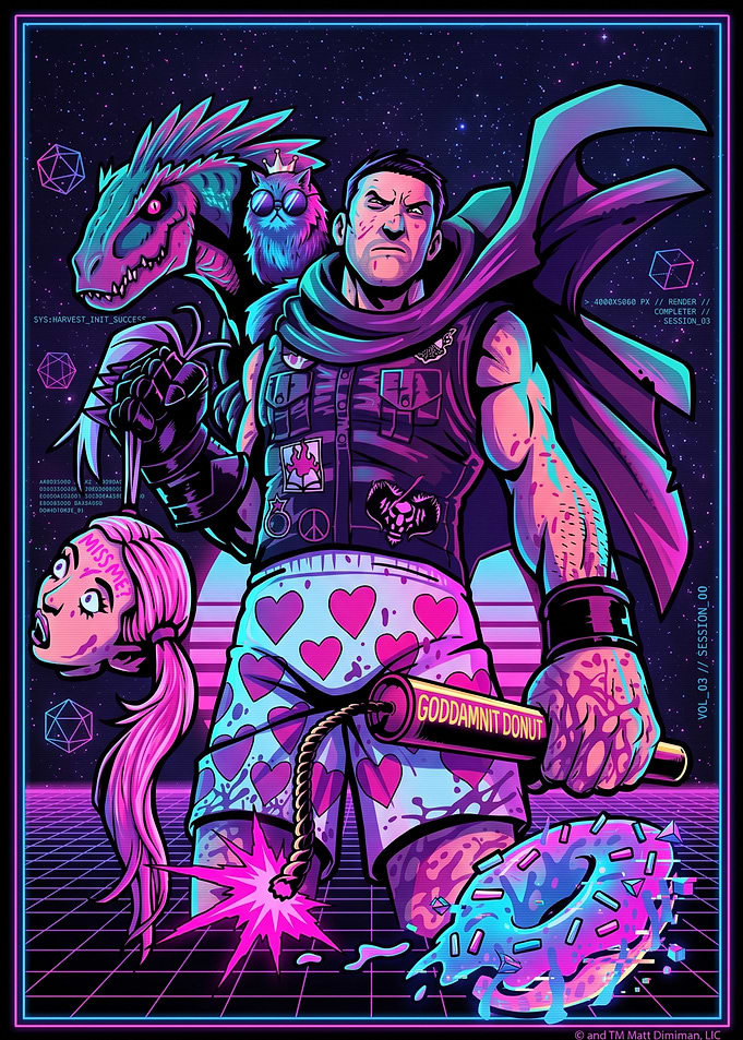 Synthwave Mercenary with Raptor and Donut