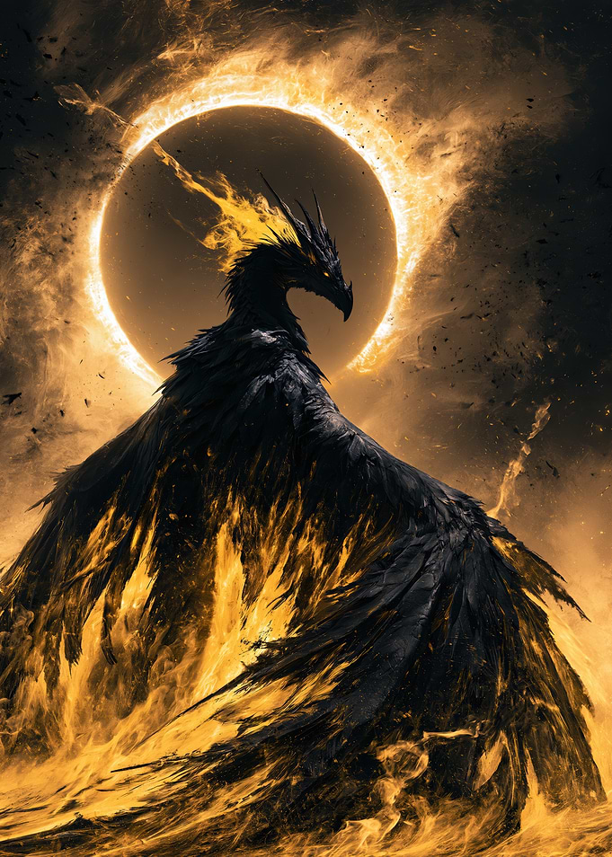Black Phoenix Dragon Rising Before Solar Eclipse