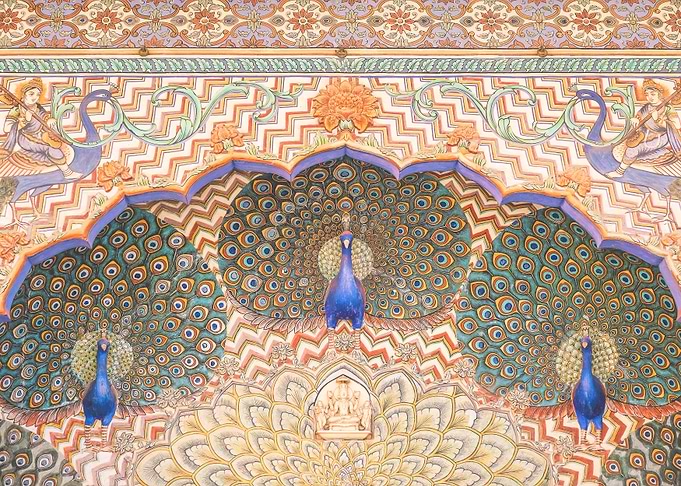 Jaipur, India | Peacock door of City Palace: architecture, pastel ornamental pattern and traditional painting