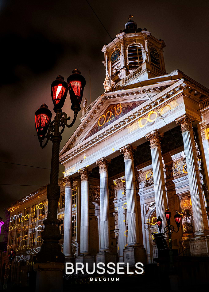Illuminated Church in Brussels at Night