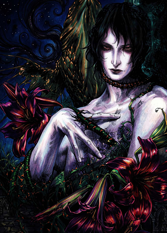 Gothic Fantasy Figure with Dark Lilies