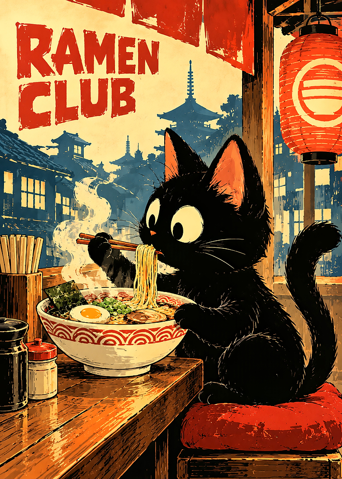 Cute Black Cat Eating Ramen