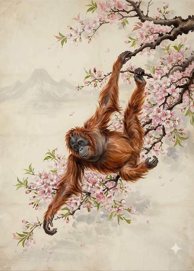 Orangutan Hanging in Cherry Blossoms