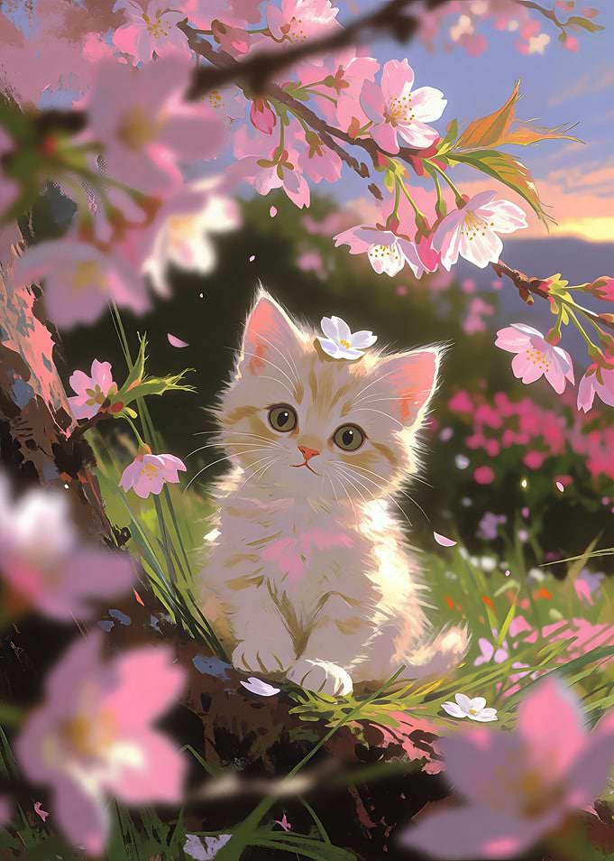 Cute Kitten Under Cherry Blossoms