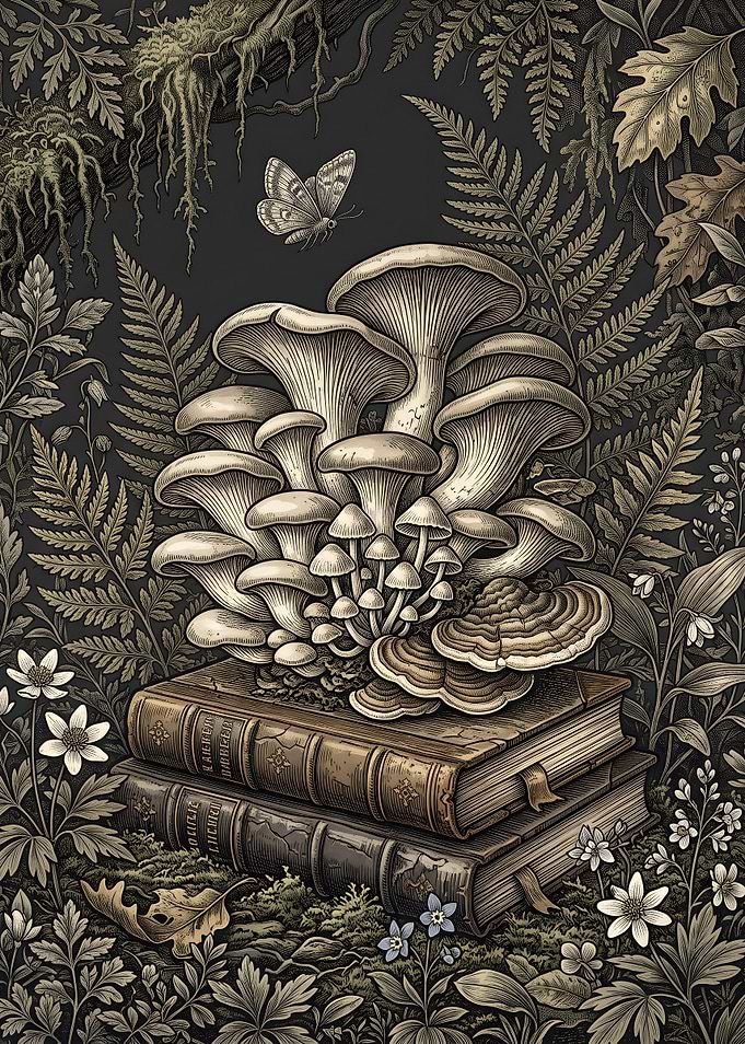 Mushrooms Growing on Antique Books