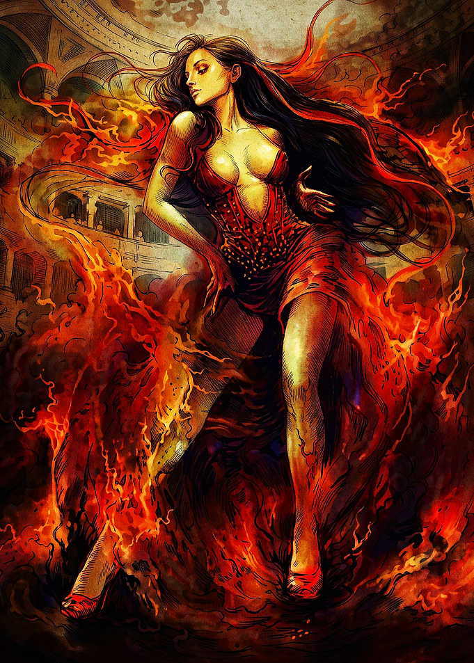 Woman in Red Dress Amidst Flames