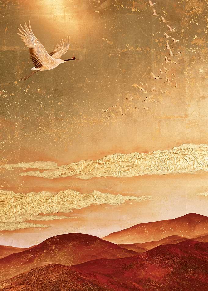 Golden Cranes over Crimson Ridges