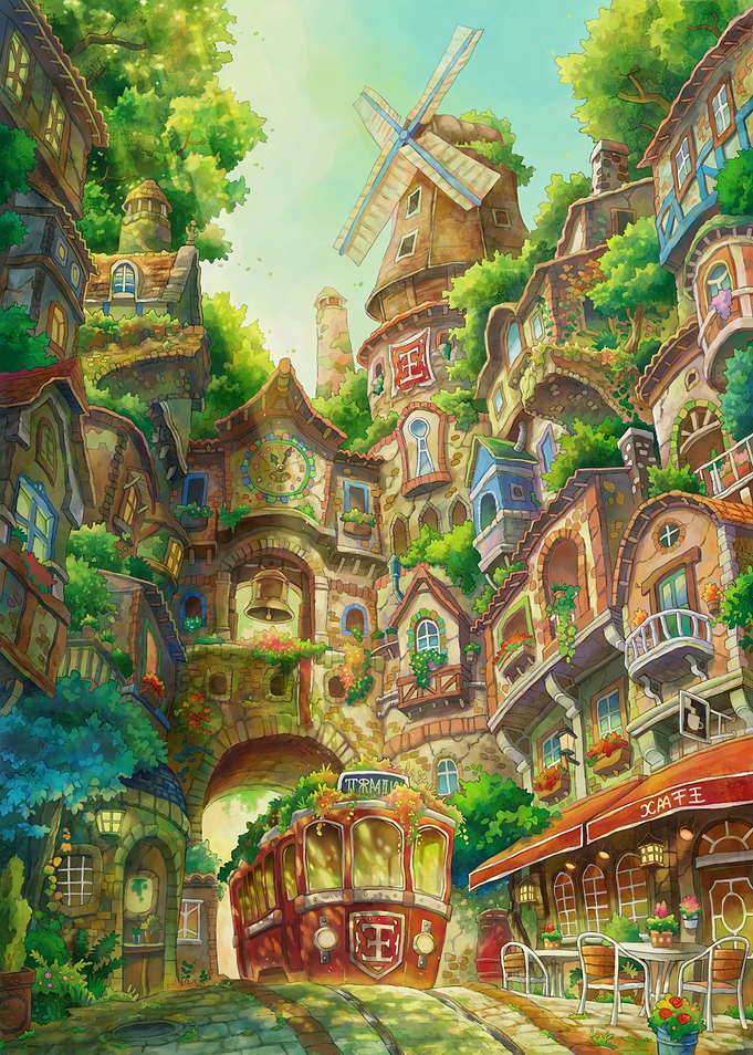 Whimsical Fantasy Town with Red Tram