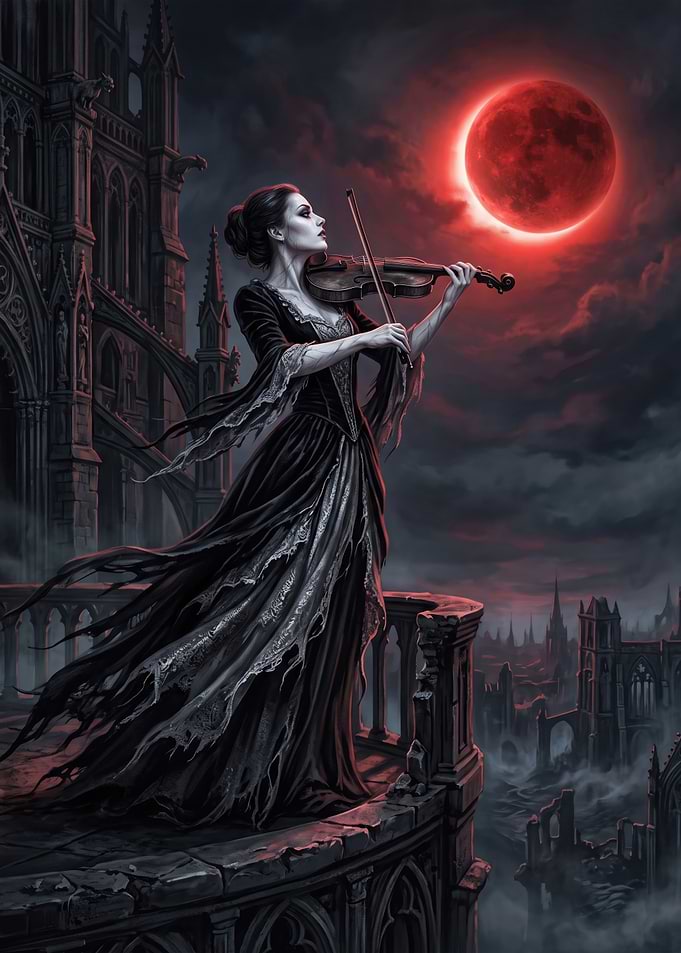 Gothic Violinist Under Blood Moon