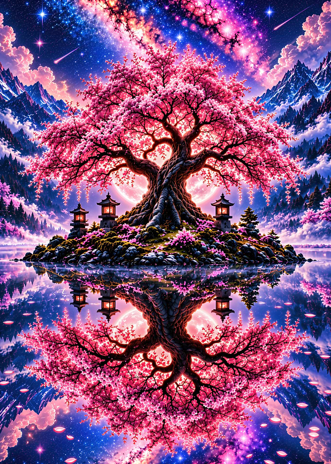 Ethereal Cherry Blossom Tree at Night