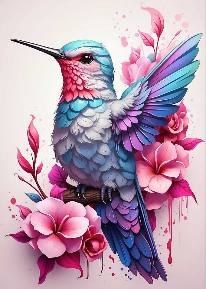 Vibrant Hummingbird and Pink Flowers Illustration