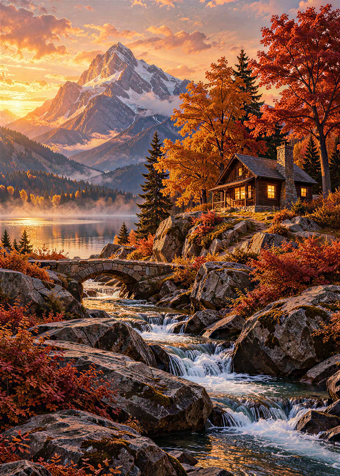 Autumn Cabin by Mountain Stream