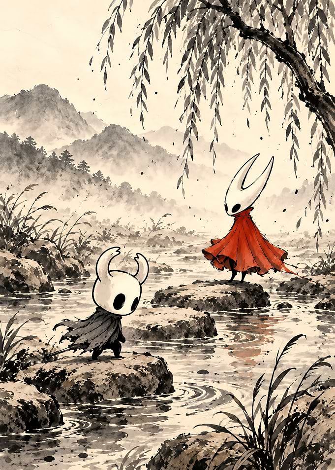 Hollow Knight and Hornet Ink Wash
