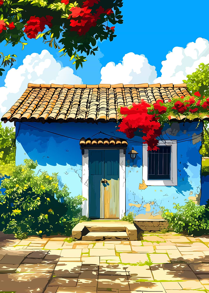 Vibrant Blue Mediterranean Cottage