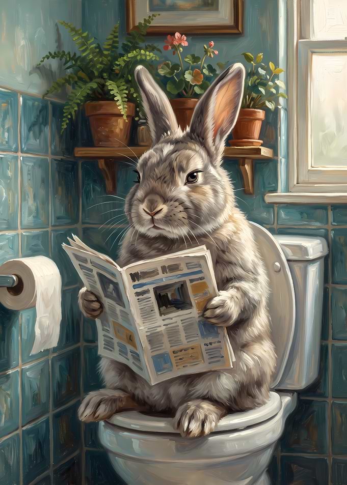 Rabbit Reading Newspaper on Toilet