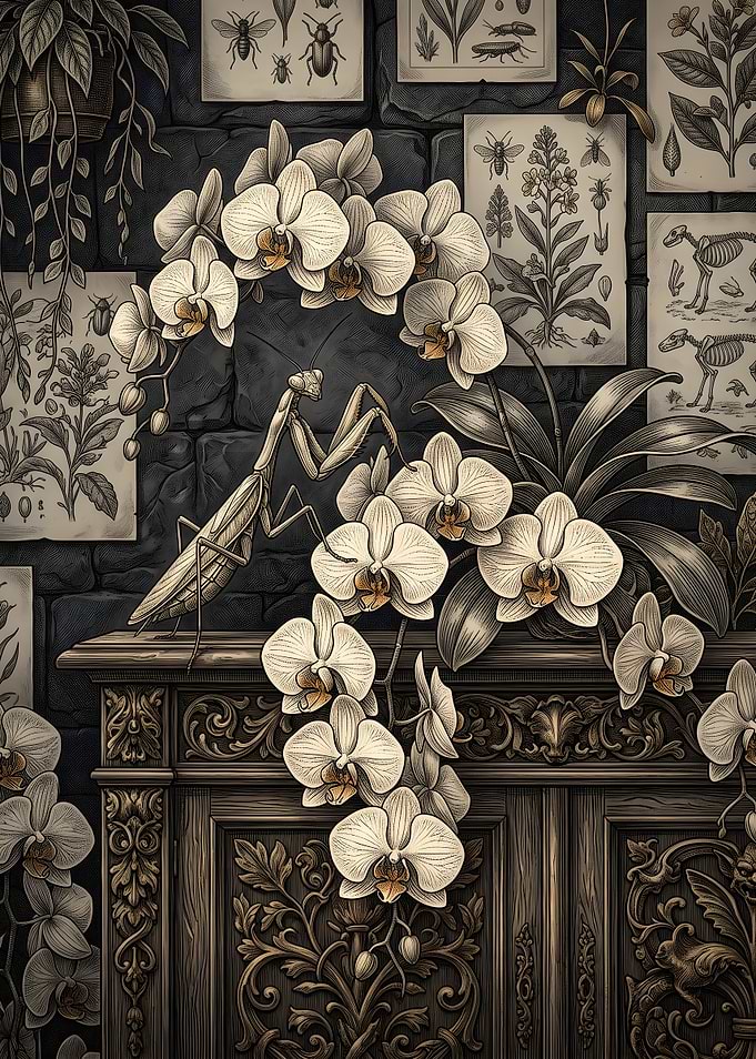 Mantis and Orchids Vintage Illustration