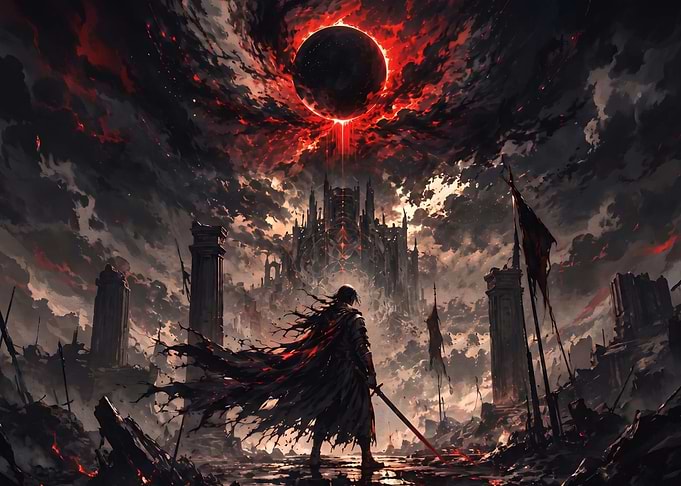 Dark Fantasy Warrior Before Ruined Castle