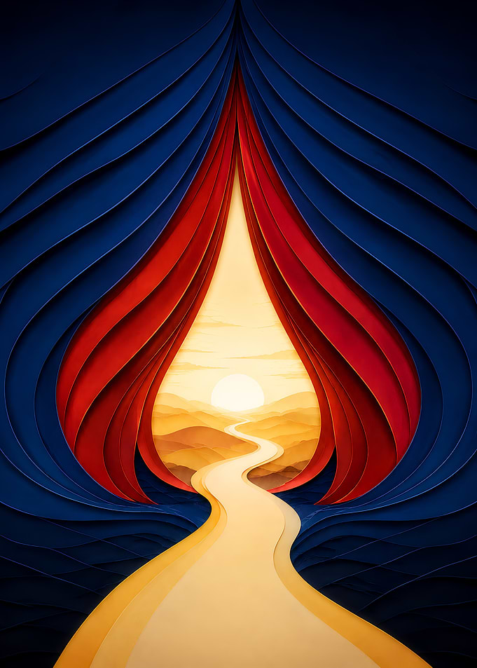 Quiet Circus Dawn Exit with Golden Path and Red and Blue Layered Paper Curtains in Surreal Desert Landscape