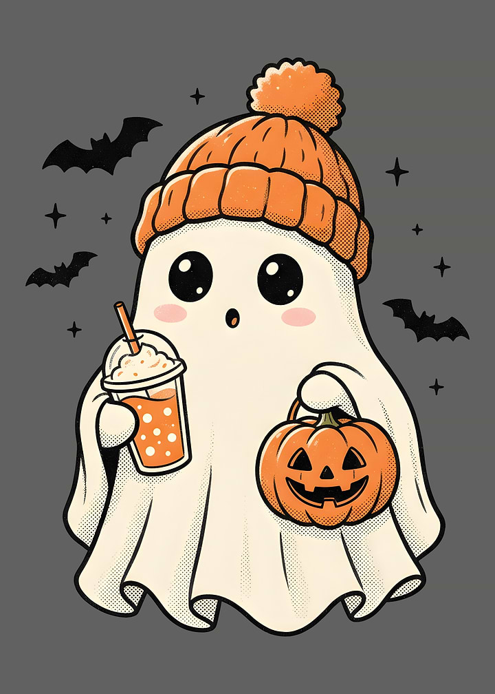 Cute Ghost with Pumpkin and Latte