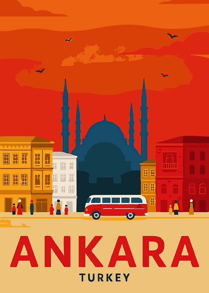 Ankara Turkey Retro Travel Poster - Domed Mosque & Vintage Bus