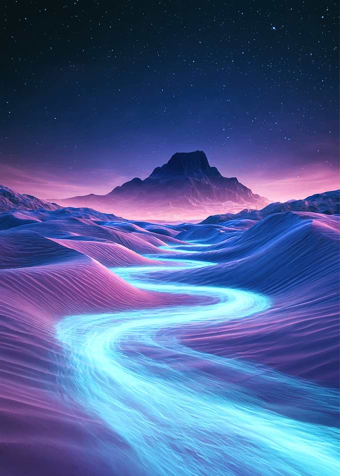 Glowing Neon River in Surreal Landscape