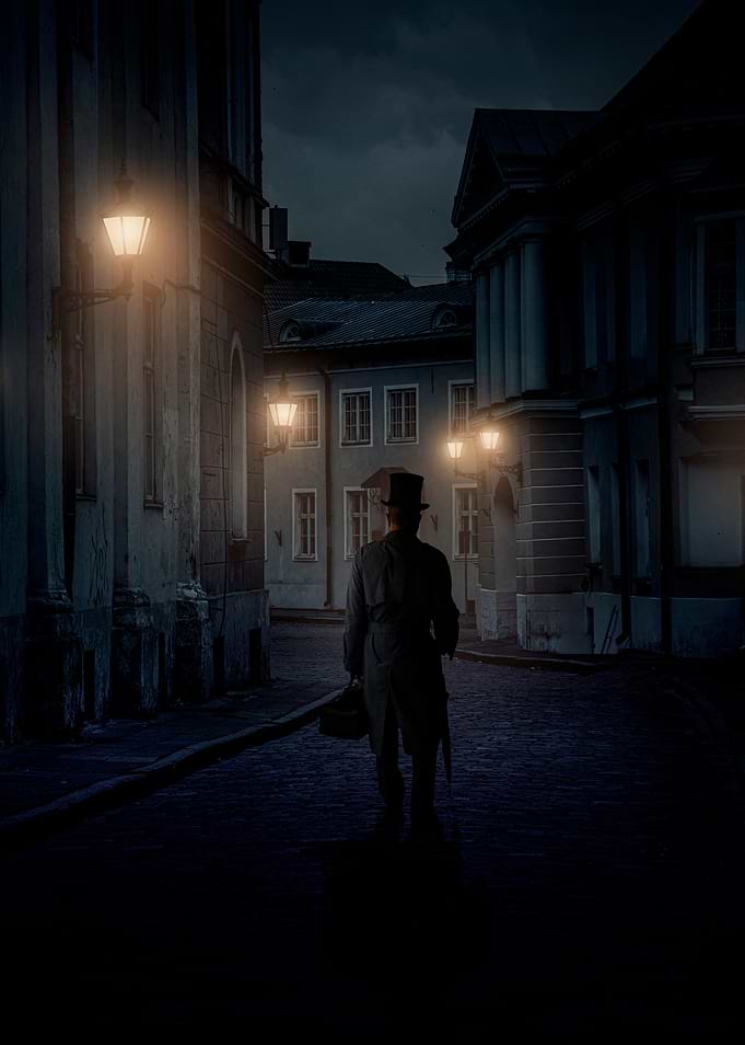 Man in Top Hat Walking Alley