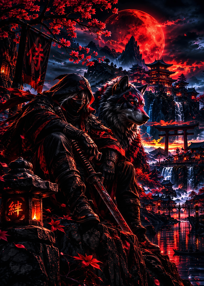 Ninja and Wolf Under Red Moon