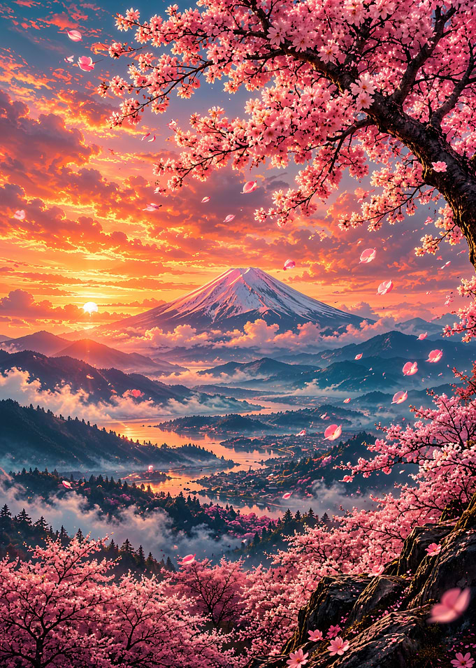 Mount Fuji at Sunset with Cherry Blossoms